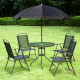 Outsunny 6 Piece Garden Dining Set with Umbrella, Patio Sets with Parasol with 4 Folding Dining Chairs &amp; Round Tempered Glass Ta