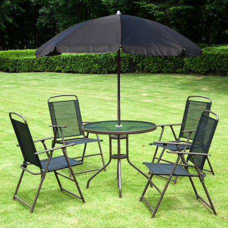 Outsunny 6 Piece Garden Dining Set with Umbrella, Patio Sets with Parasol with 4 Folding Dining Chairs & Round Tempered Glass Ta