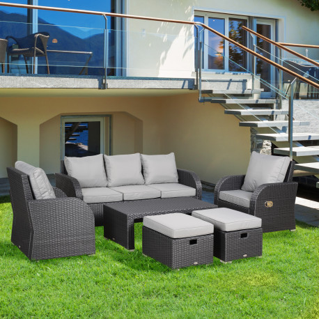 Outsunny Six-piece Outdoor Rattan Dining Set, with Reclining Armchairs - Grey