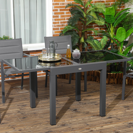 Outsunny Extending Garden Table, Outdoor Dining Table with Aluminium Frame and Tempered Glass Tabletop, 80/160 x 80 x 75 cm, Bla