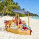 Outsunny Kids Wooden Sand Pit Children Sandbox Pirate Ship Sandboat Play Station for Outdoor w/ Canopy Shade Storage Bench Botto