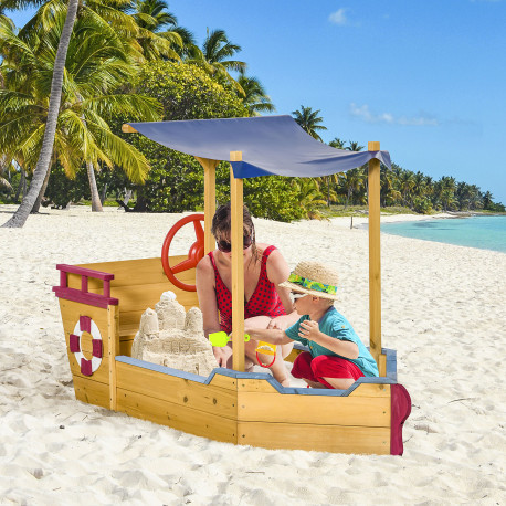 Outsunny Kids Wooden Sand Pit Children Sandbox Pirate Ship Sandboat Play Station for Outdoor w/ Canopy Shade Storage Bench Botto