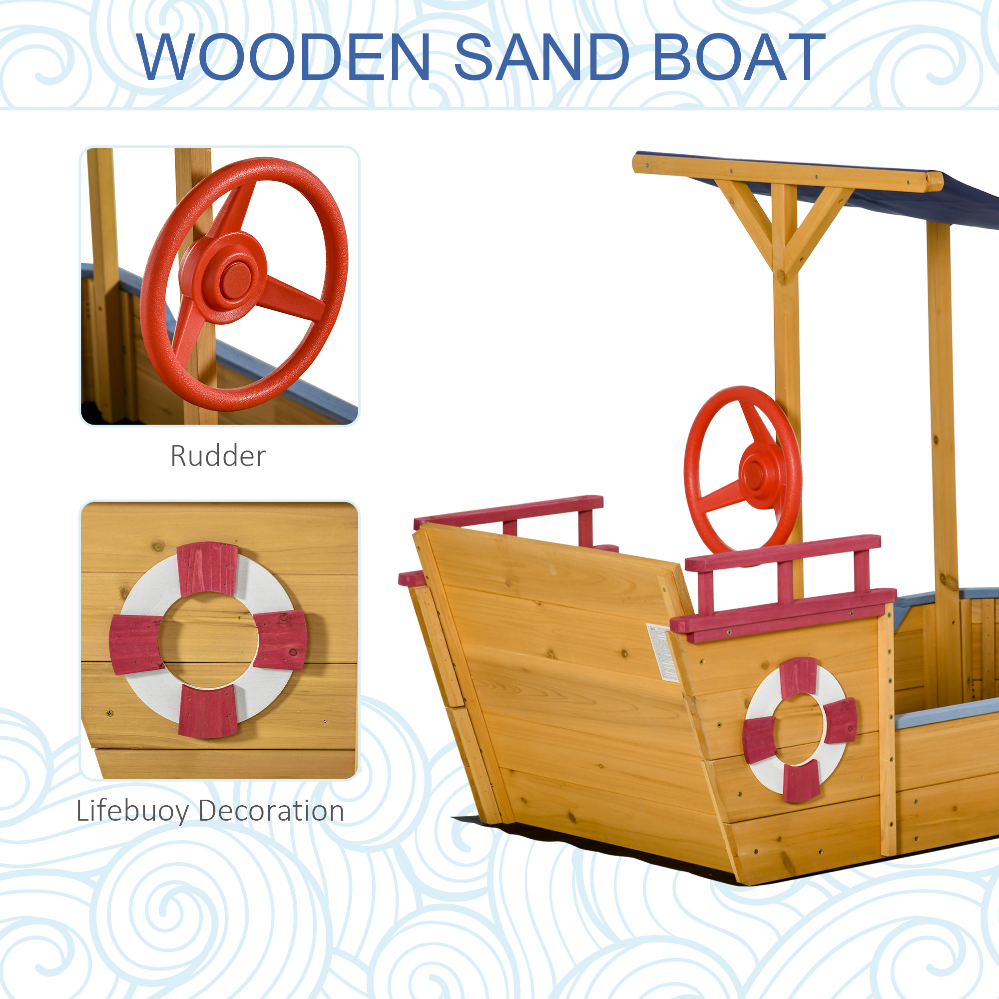Outsunny Kids Wooden Sand Pit Children Sandbox Pirate Ship Sandboat Play Station for Outdoor w/ Canopy Shade Storage Bench Botto