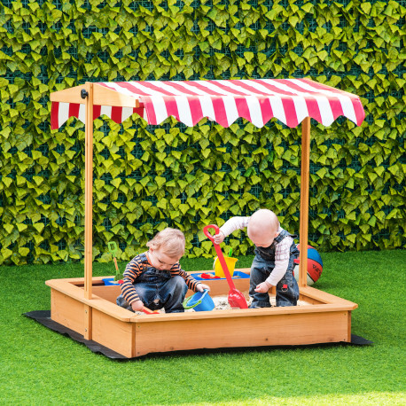 Outsunny Sand Pit Kids Wooden Sandbox with Cover Children Sandpit Play Station Height Adjustable with Canopy, Bottom Liner, Plas