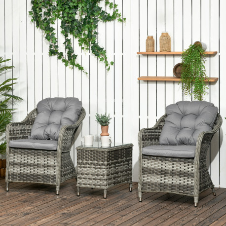 Outsunny 3 Pieces Rattan Bistro Set, Wicker Garden Bistro Set, Glass Top Balcony Table and Chairs with Cushions for Outdoor, Pat