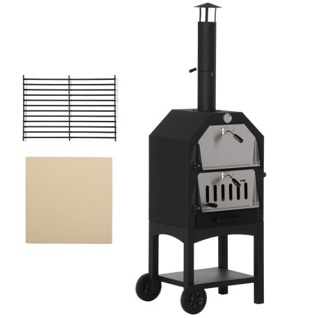 Outsunny Outdoor Garden Pizza Oven Charcoal BBQ Grill 3-Tier Freestanding w/ Chimney, Mesh Shelf, Thermometer Handles, Wheels Ga