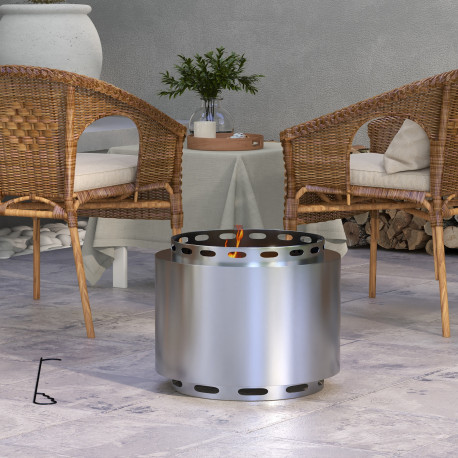 Outsunny Smokeless Fire Pit, 48.5cm Portable Wood Burning Firepit with Poker for Garden Camping Bonfire Party, Stainless Steel, 