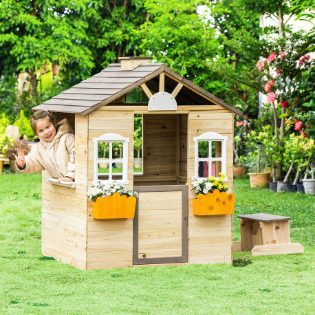 Outsunny Wooden Playhouse for Kids Outdoor Wendy House with Door, windows, Bench, Service Stations, Flowerpot Holder, For Ages 3