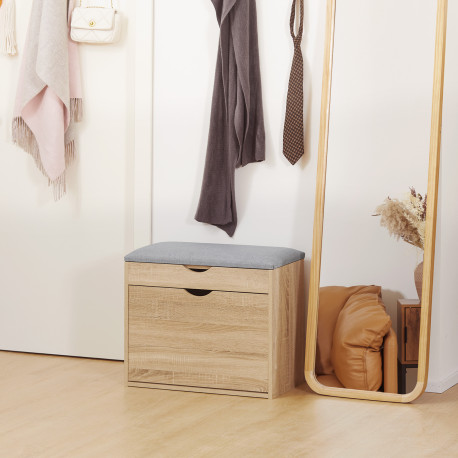 Shoe Bench with Cushion for 4 Pair of Shoes, Storage Bench with Padded Seat, Flip-up Cabinet and Hidden Space for Entryway, Natu