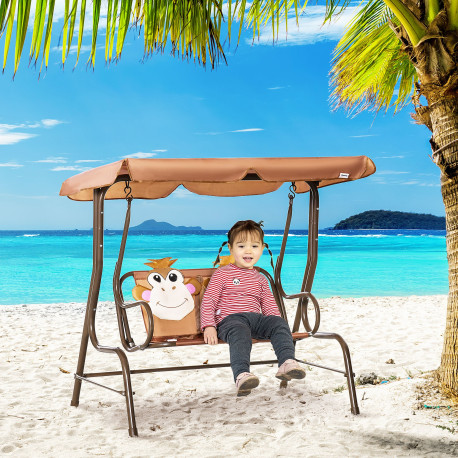 Outsunny 2 Seater Kids Garden Swing Seat, Children Outdoor Patio Lounge Chair for Gardens w/ Adjustable Awning, Seatbelt, Monkey