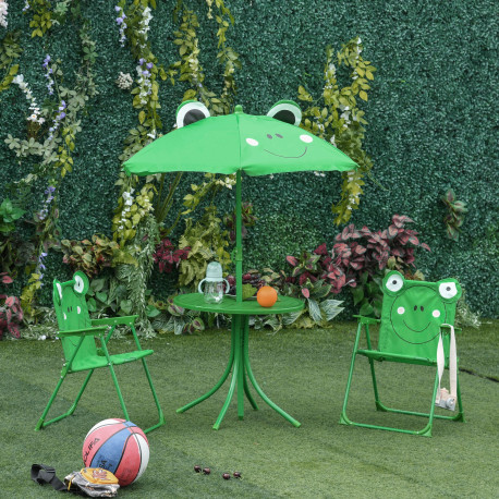 Outsunny Kids Outdoor Table and Chairs Garden Furniture Frog Pattern with Removable & Height Adjustable Sun Umbrella, Green