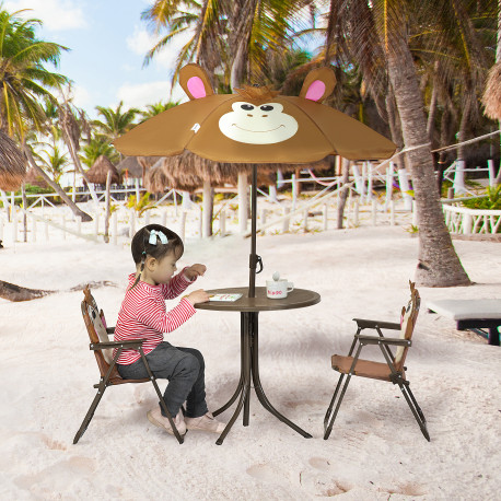 Outsunny Kids Bistro Table and Chair Set, Outdoor Folding Garden Furniture w/Monkey Design, Removable, Adjustable Sun Umbrella, 