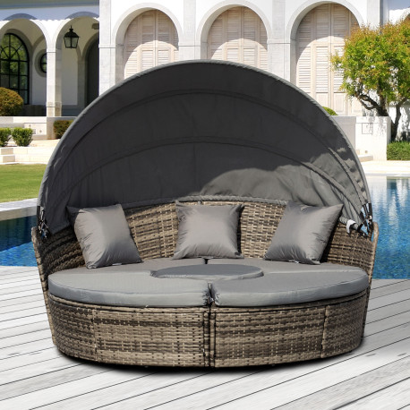 Outsunny Outdoor PE Rattan Garden Furniture with Cushioned, Patio Wicker Conversation Furniture Set, Round Daybed with Retractab