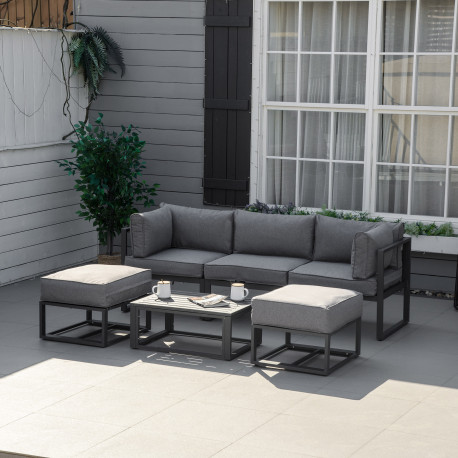 Outsunny Garden Daybed, 6 Piece Outdoor Sectional Sofa Set, Aluminum Patio Conversation Furniture Set with Coffee Table, Footsto