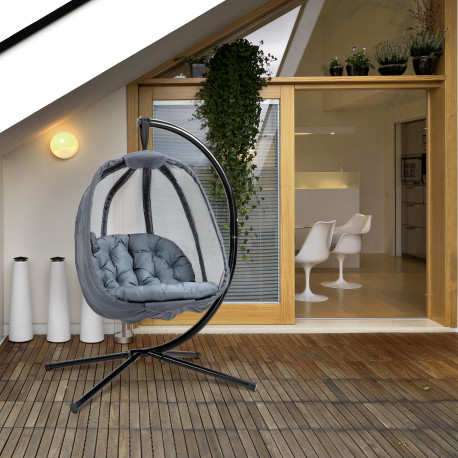 Outsunny Hanging Egg Chair, Folding Texteline Swing Hammock with Side Pocket, Cushion and Stand for Indoor Outdoor, Patio Garden