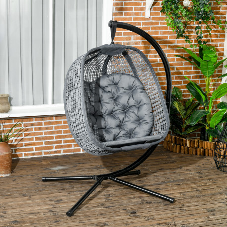 Outsunny Outdoor Swing Chair with Thick Padded Cushion, Patio Hanging Chair with Metal Stand, Egg Chair with Foldable Basket, Cu