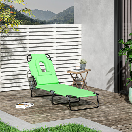 Outsunny Outdoor Foldable Sun Lounger, 4 Level Adjustable Backrest Reclining Sun Lounger Chair with Pillow and Reading Hole, Gre
