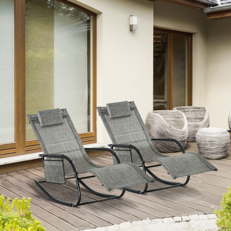 Outsunny 2PCs Outdoor Garden Rocking Chair, Patio Sun Lounger Rocker Chair with Breathable Mesh Fabric, Removable Headrest Pillo
