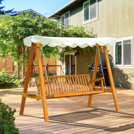 Outsunny 3 Seater Wooden Garden Swing Seat Canopy Swing Chair Outdoor Hammock Bench, Cream White