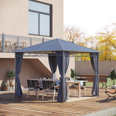 Outsunny 3 x 3(m) Hardtop Gazebo Canopy with Polycarbonate Roof, Permanent Pavilion Garden Gazebo with Curtains for Patio, Deck,