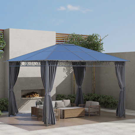 Outsunny 3 x 3.6m Hardtop Gazebo Canopy with Polycarbonate Roof, Permanent Pavilion Garden Gazebo with Curtains for Patio, Deck,
