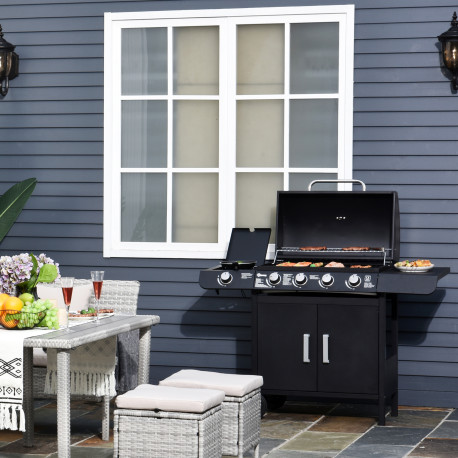 Outsunny 4+1 Burner Gas BBQ Grill, Outdoor Barbecue Trolley with Wheels, Warming Rack, Side Shelves, Cabinet, Thermometer for Ga