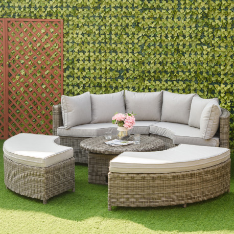 Outsunny 5 Pieces Outdoor PE Rattan Round Garden Daybed with Cushions, Aluminium Patio Furniture Set Lounge Chair Conversation S