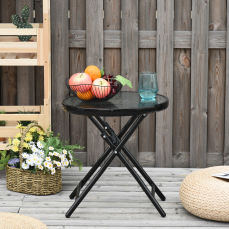 Outsunny Foldable Garden Table, Round Folding Table with Glass Tabletop and Safety Buckle for Patio, Garden, Outdoor, Indoor, Bl