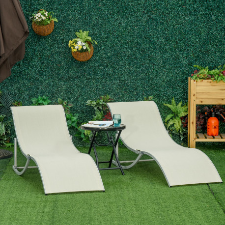 Outsunny Set of 2 S-shaped Foldable Lounge Chair Sun Lounger Reclining Outdoor Chair for Patio Beach Garden, Beige