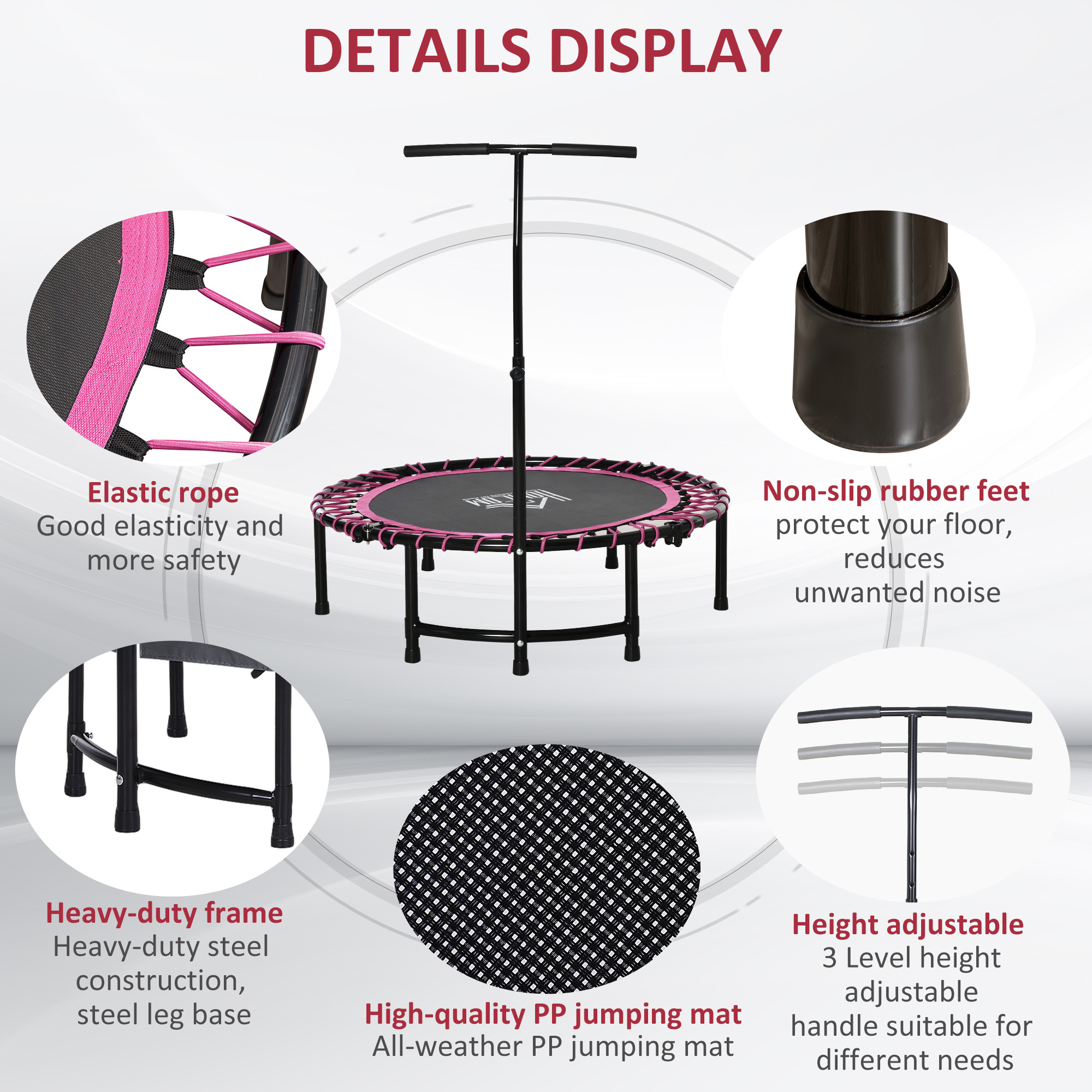 45" Foldable Mini Trampoline Silent Rebounder Indoor Outdoor Jumper with Adjustable Handle - Pink