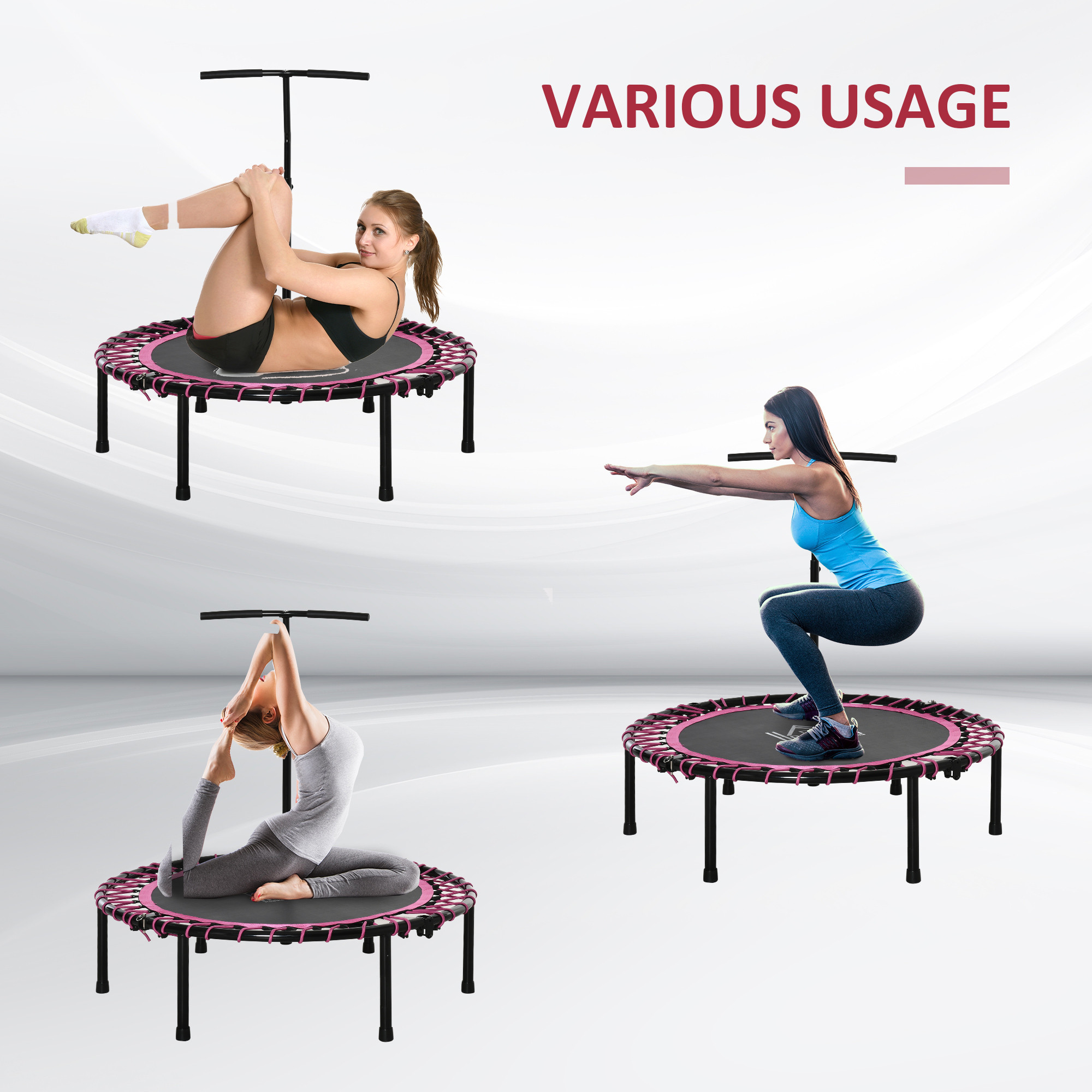 45" Foldable Mini Trampoline Silent Rebounder Indoor Outdoor Jumper with Adjustable Handle - Pink