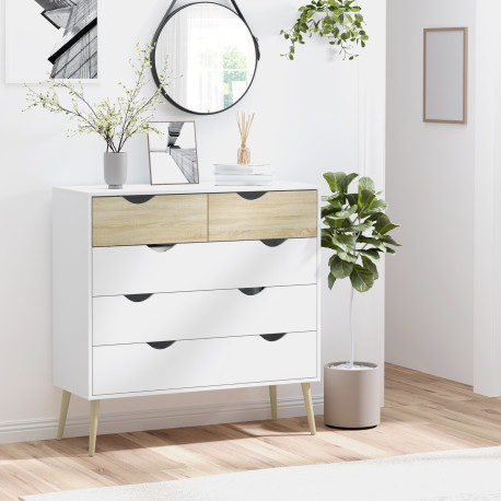 Nordic Style Chest of Drawers, 5 Drawer Dresser with 4 Tapered Legs and Groove Handles, Storage Organiser Side Cabinet for Bedro