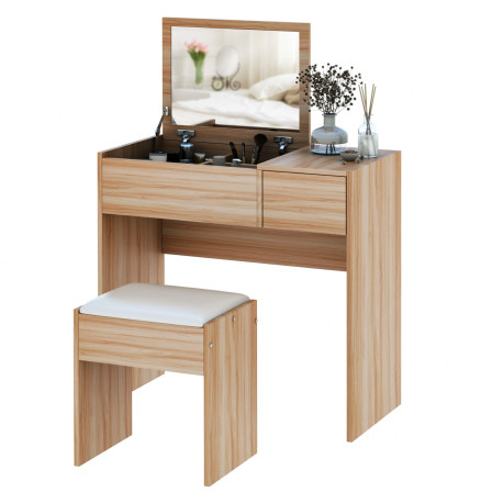 Makeup Desk with Drawer, Vanity Table Set with Flip-up Mirror and Cushioned Stool, Natural