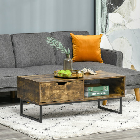 Industrial Coffee Table, Centre Table with Storage Shelf, Drawer and Metal Frame, Coffee Tables for Living Room, Office, 106W x 