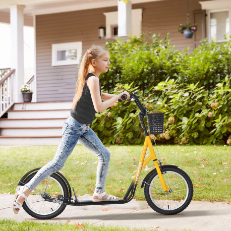 Kids Scooter, Kick Stunt Scooter with Adjustable Handlebar, Dual Brakes, Basket, Cupholder, Mudguard, 16" Inflatable Rubber Whee