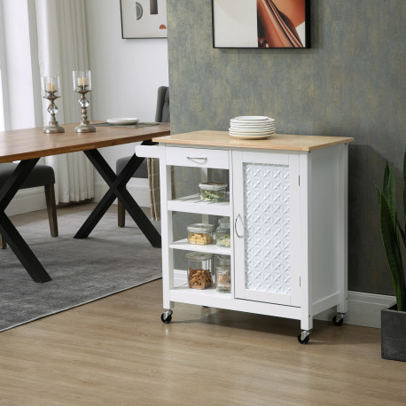 Kitchen Trolley, Kitchen Island on Wheels with Embossed Door Panel, Utility Kitchen Cart with 3 Storage Shelves, White
