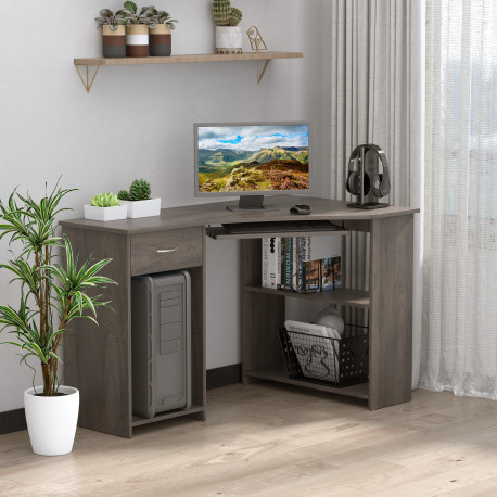 L-Shaped Corner Computer Desk w/ 2 Shelves Wide Worktop Keyboard Tray Drawer & CPU Stand Home Office Study Bedroom Furniture Gre