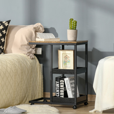 Industrial Mobile Sofa Side Table C-Shaped Rolling Couch Table with 3-Tier Storage Shelving Four Lockable Wheels Steel Frame - B