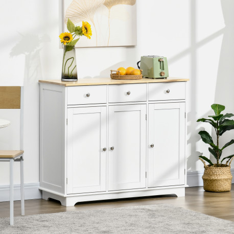 Modern Sideboard with Rubberwood Top, Buffet Cabinet with Storage Cabinets, Drawers and Adjustable Shelves for Living Room, Kitc
