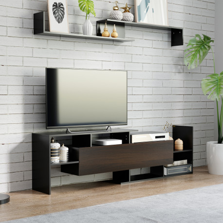Modern TV Cabinet with Wall Shelf, TV Unit with Storage Shelf and Cabinet, for Wall-Mounted 65" TVs or Standing 40" TVs, Black a