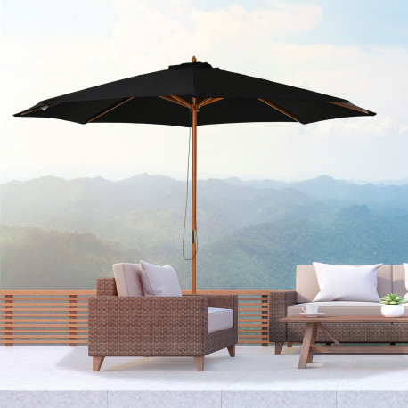 Outsunny 3(m) Garden Parasol, Pulley Operated Patio Umbrella, Wooden Table Market Umbrella with Rope Pulley Mechanism and 8 Ribs