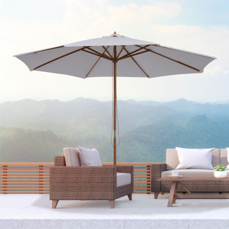 Outsunny 3(m) Garden Parasol, Pulley Operated Patio Umbrella, Wooden Table Market Umbrella with Rope Pulley Mechanism and 8 Ribs