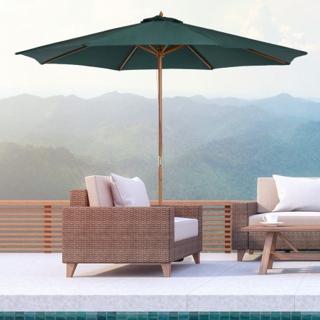 Outsunny 3(m) Wooden Patio Umbrella, Pulley Operated Garden Parasol with Rope Pulley Mechanism and 8 Ribs, Dark Green
