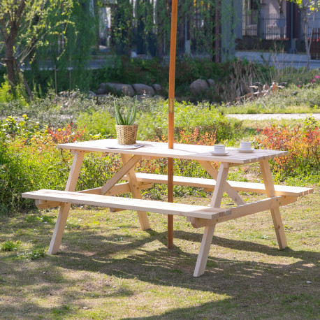 Outsunny 4 Seater Wooden Picnic Table Bench for Outdoor Garden or Patio with Parasol Cutout 150 cm Natural