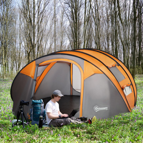 Outsunny 4-5 Person Pop-up Camping Tent Family Tent w/ 2 Mesh Windows & PVC Windows Portable Carry Bag for Outdoor Trip, Orange
