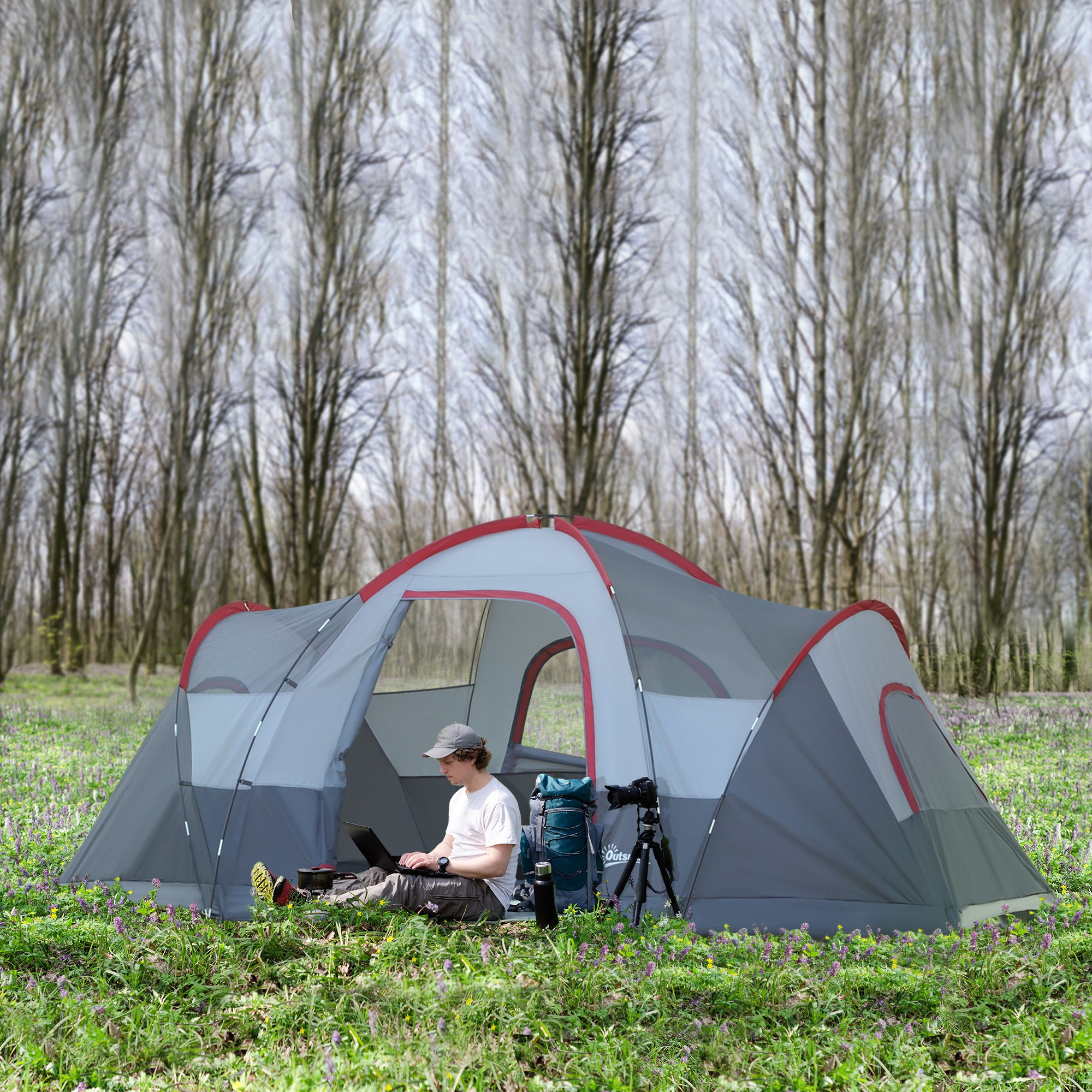 Outsunny Fibreglass &amp; Steel Frame 5/6 Person Lightweight Camping Tent Blue