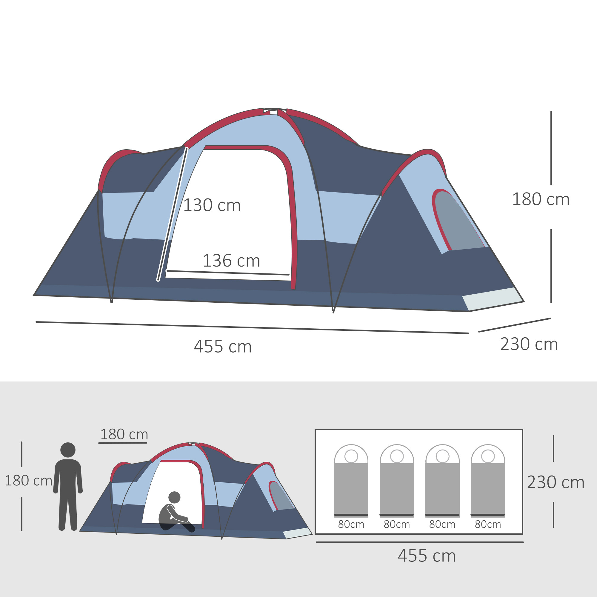 Outsunny Fibreglass &amp; Steel Frame 5/6 Person Lightweight Camping Tent Blue