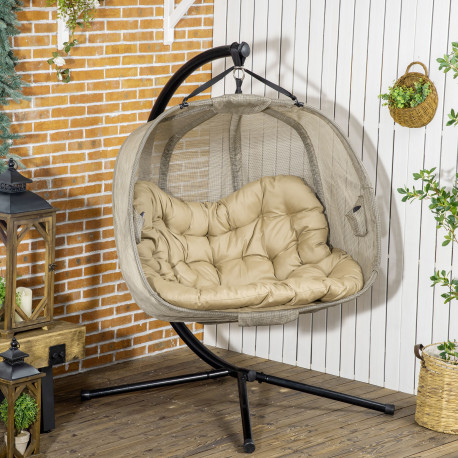 Outsunny Double Hanging Egg Chair 2 Seaters Texteline Swing Hammock Chair with Stand, Cushion and Folding Design, for Indoor and