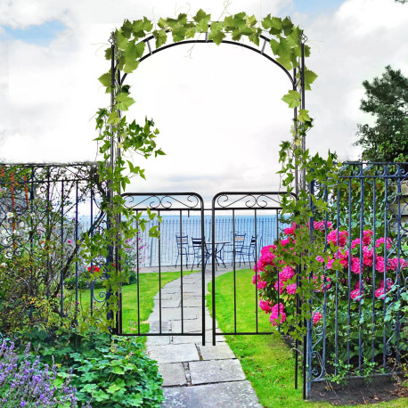 Outsunny Garden Decorative Metal Arch with Gate Outdoor Patio Trellis Arbor for Climbing Plant Archway Antique Black - 108L x 45