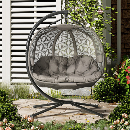 Outsunny Outdoor Double Hanging Chair, Swing Chair with Metal Stand, Thick Padded Cushion, Foldable Basket and Cup Holders, for 
